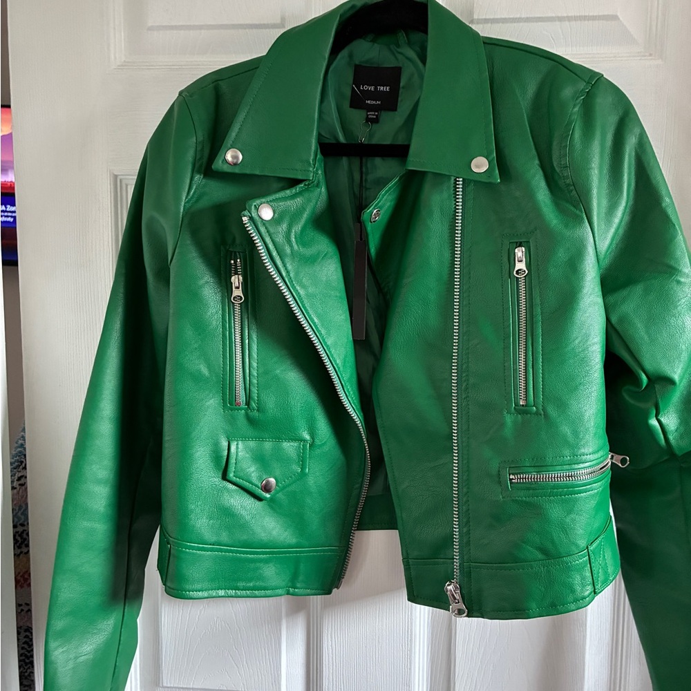 Love Tree Vibrant Green Faux Leather Moto Jacket